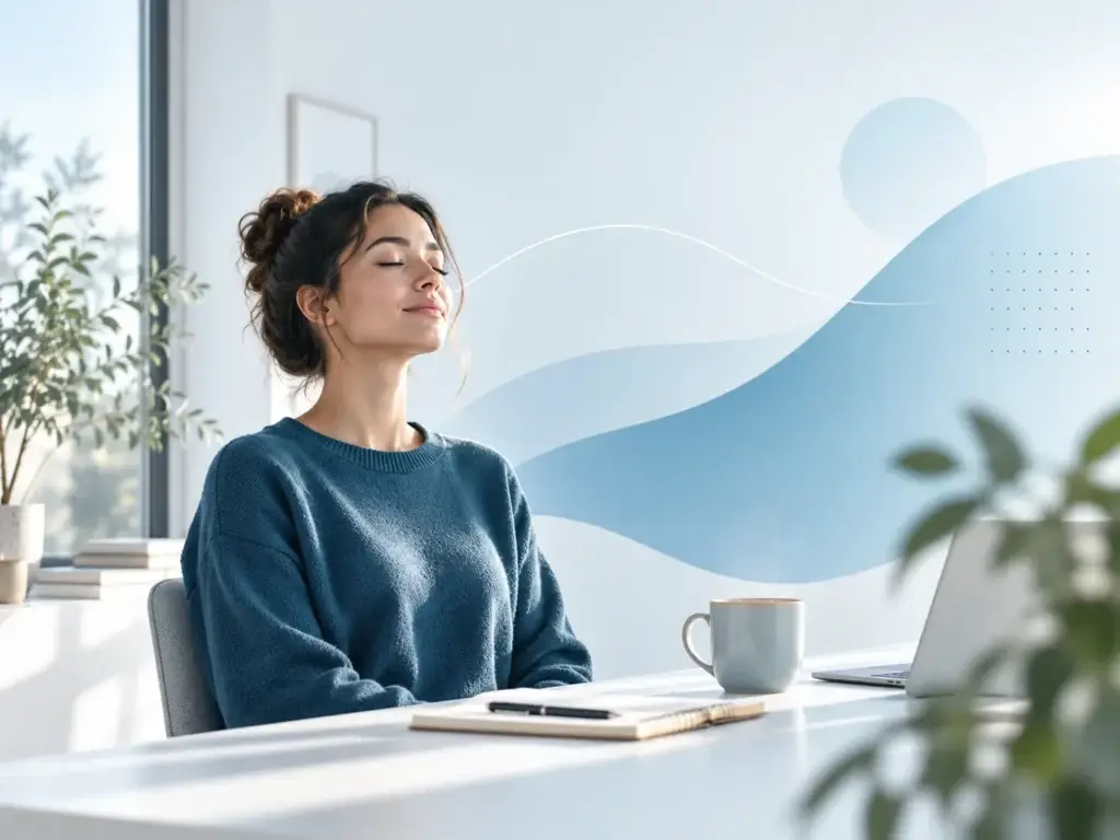 Mindfulness en focus tijdens een rustig moment in een lichte werkomgeving van Mind Focuss