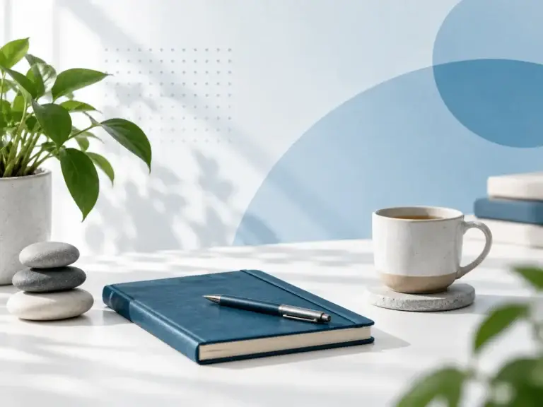 Mindfulness, balans en persoonlijke ontwikkeling met een rustige werkplek en bewuste momenten